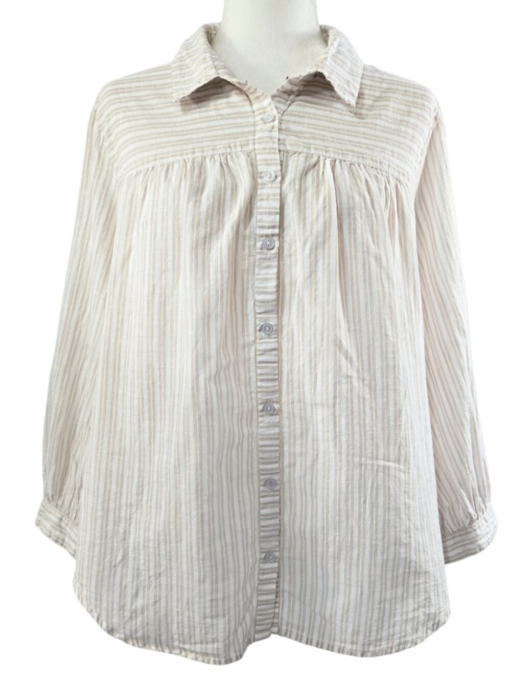 Michael Stars 100% Cotton White Tan Stripe Button-Up Shirt Beachy Boho